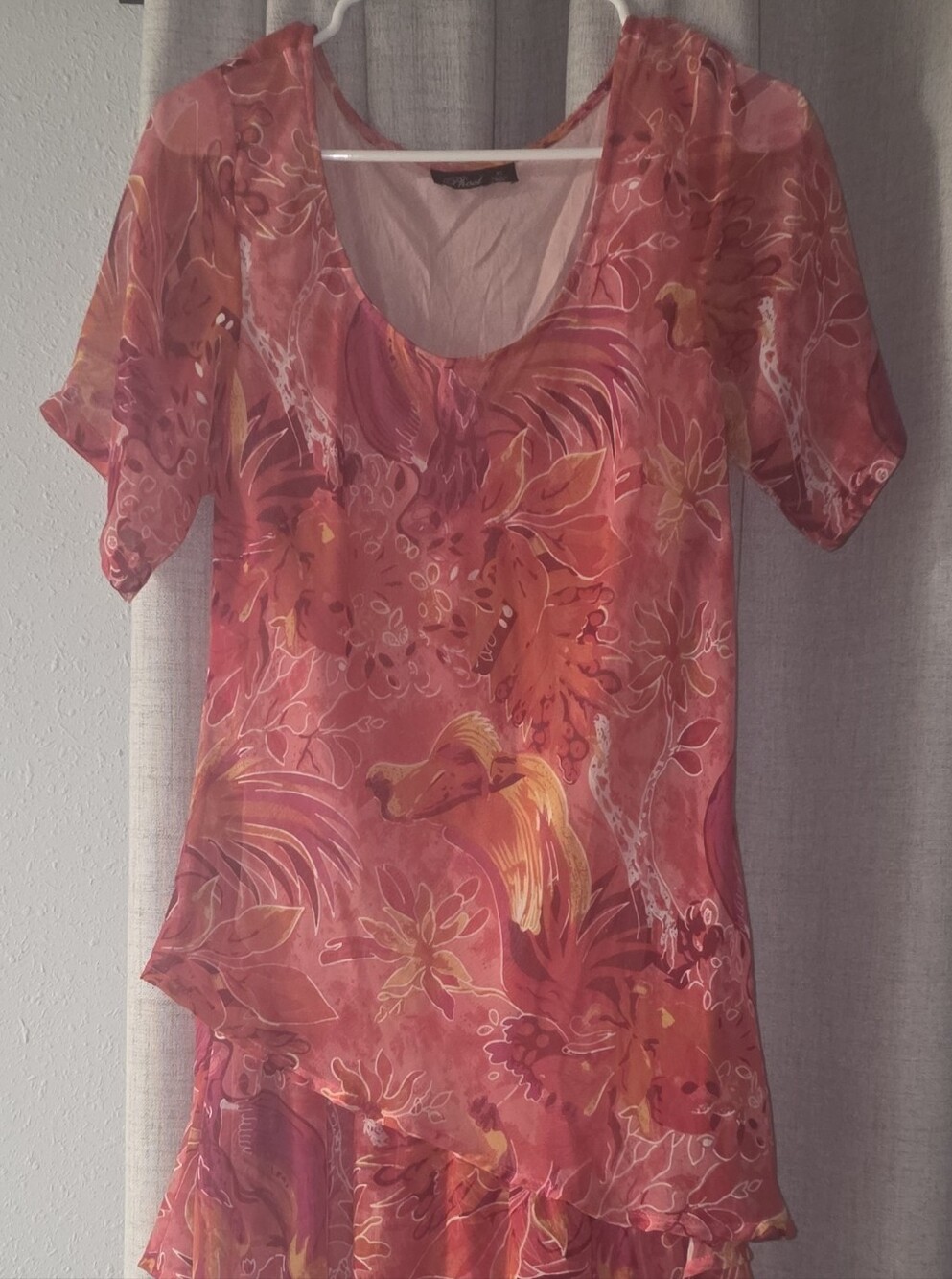 Sheer Floral Scoop Neck Women's Dress - Coral Pink
